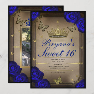 Gouden Tiara Vlinders Blauwe Rozen Sweet 16  Kaart