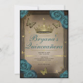 Gouden Tiara vlinders Blauwgroen Rozen Quinceañera Kaart (Voorkant)