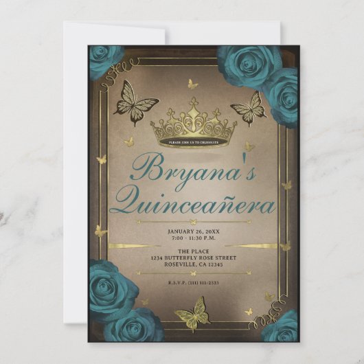 Gouden Tiara vlinders Blauwgroen Rozen Quinceañera Kaart (Voorkant)
