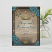 Gouden Tiara vlinders Blauwgroen Rozen Quinceañera Kaart (Staand voorkant)