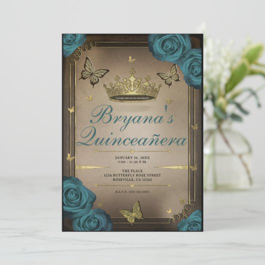 Gouden Tiara vlinders Blauwgroen Rozen Quinceañera Kaart (Staand voorkant)