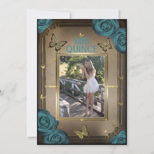 Gouden Tiara vlinders Blauwgroen Rozen Quinceañera Kaart (Achterkant)