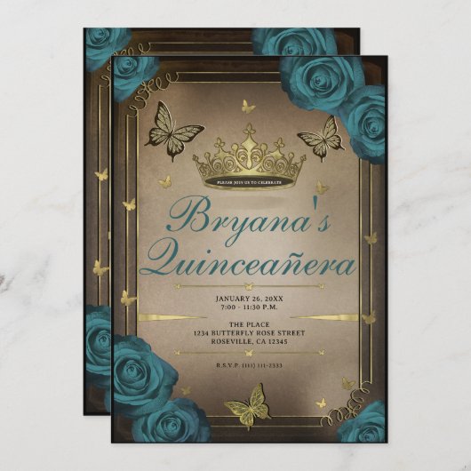 Gouden Tiara vlinders Blauwgroen Rozen Quinceañera Kaart (Voorkant / Achterkant)