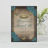 Gouden Tiara Vlinders Blauwgroen Rozen Sweet 16 Kaart (Staand voorkant)