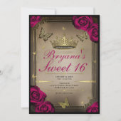 Gouden Tiara Vlinders Magenta Rozen Sweet 16 Kaart (Voorkant)