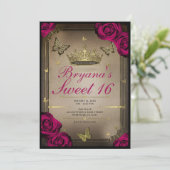 Gouden Tiara Vlinders Magenta Rozen Sweet 16 Kaart (Staand voorkant)