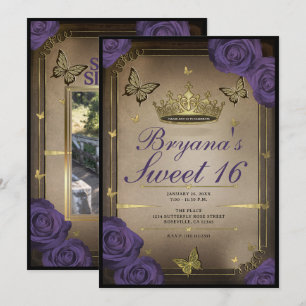 Gouden Tiara Vlinders Paarse Rozen Sweet 16 Foto Kaart