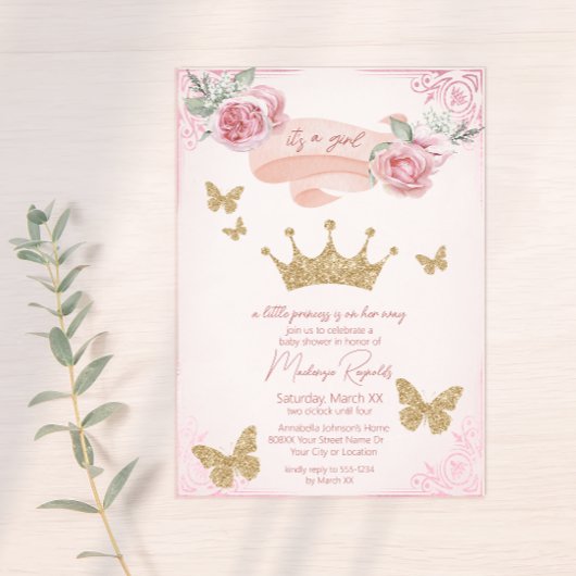 Gouden Tiara & Vlinders Prinses Baby shower Kaart