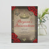 Gouden Tiara Vlinders Rode Rozen Quinceañera Foto Kaart (Staand voorkant)
