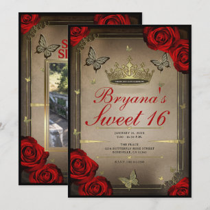 Gouden Tiara Vlinders & Rode Rozen Sweet 16 Foto Kaart