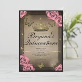 Gouden tiara vlinders roze rozen quinceañera kaart (Staand voorkant)