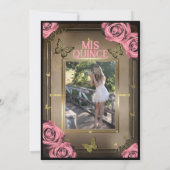 Gouden tiara vlinders roze rozen quinceañera kaart (Achterkant)