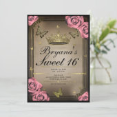 Gouden Tiara vlinders roze rozen zoet 16 foto Kaart (Staand voorkant)