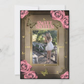 Gouden Tiara vlinders roze rozen zoet 16 foto Kaart (Achterkant)