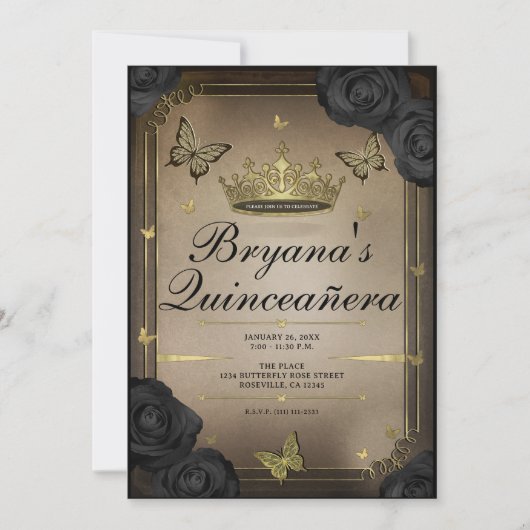 Gouden tiara vlinders zwart Rozen quinceañera Kaart (Voorkant)