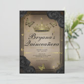 Gouden tiara vlinders zwart Rozen quinceañera Kaart (Staand voorkant)