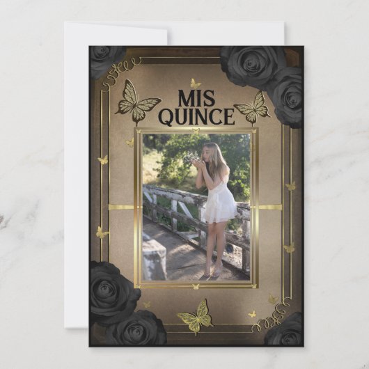 Gouden tiara vlinders zwart Rozen quinceañera Kaart (Achterkant)