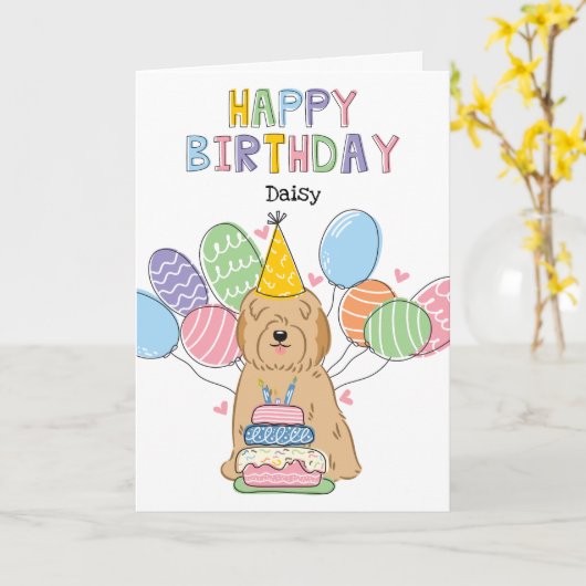 Gouden Tibetaanse Terriër Hond Verjaardagsfeest Kaart (Gele Bloem)