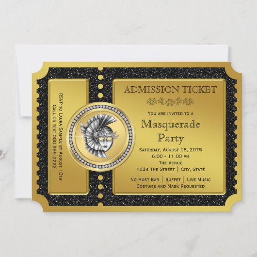 Gouden Ticket Goud Maskerade Feest Kaart (Voorkant)