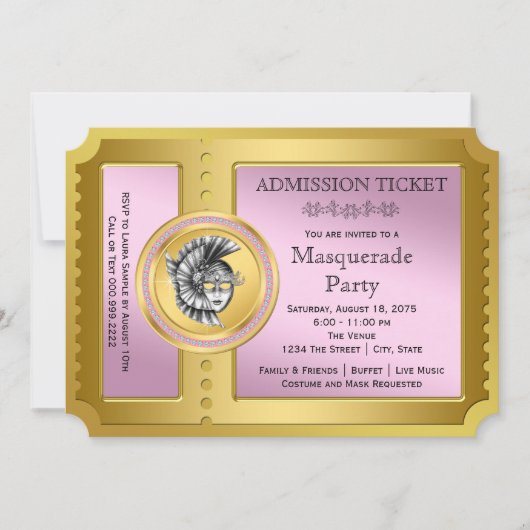 Gouden Ticket Roze en Gouden Masquerade Party Kaart (Voorkant)