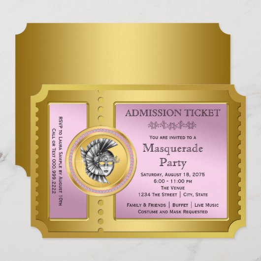 Gouden Ticket Roze en Gouden Masquerade Party Kaart (Voorkant / Achterkant)