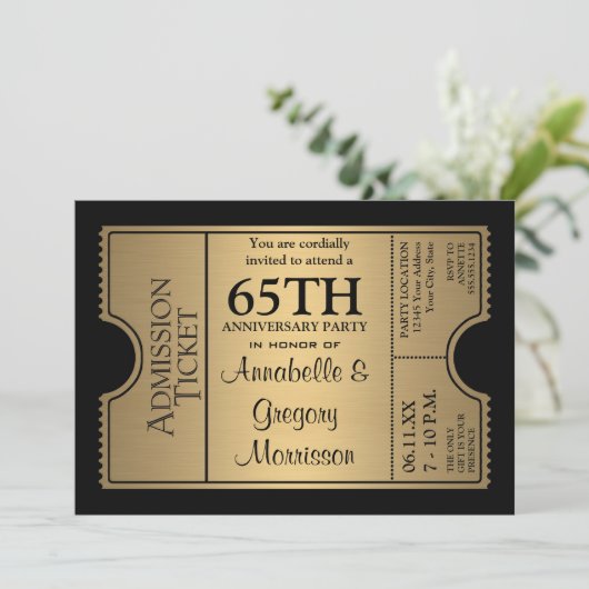 Gouden Ticket Stijl 65e Huwelijksjubileumfeest Kaart (Staand voorkant)