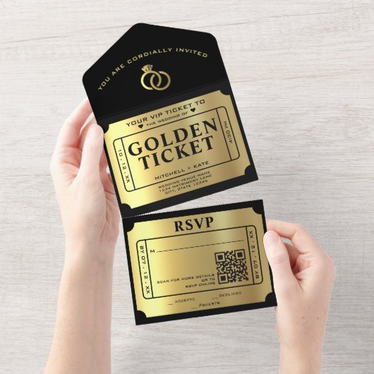 Gouden Ticket Zwart & Goud QR Code Huwelijk All In One Uitnodiging (Afscheurbaar)