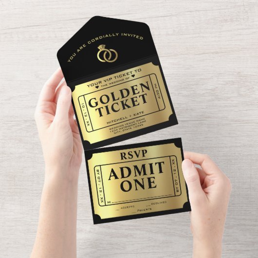 Gouden Ticket Zwart & Goud Trouwen All In One Uitnodiging (Afscheurbaar)