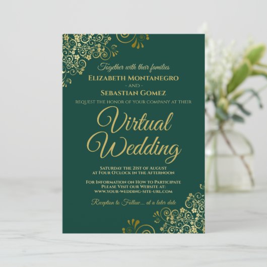 Gouden Tiers Emerald Groen Elegant Virtueel Huweli Kaart (Staand voorkant)