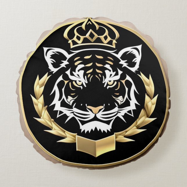 Gouden Tijger Crest Embleem Rond Kussen (Voorkant)
