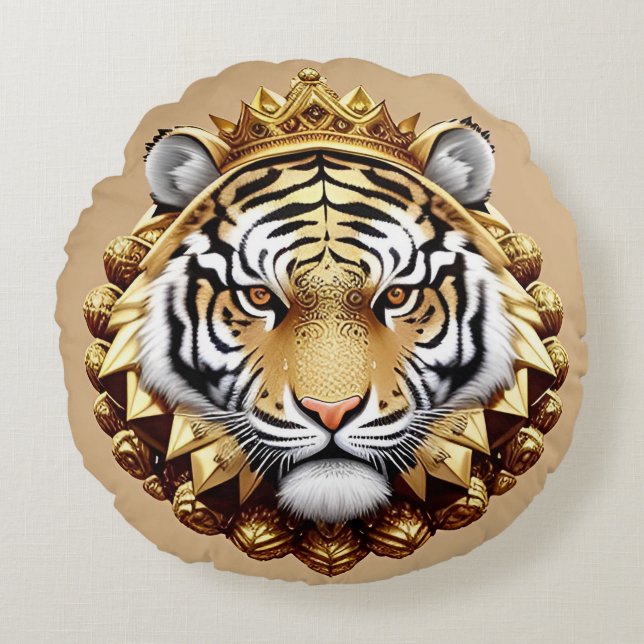 Gouden Tijger Crest Embleem Rond Kussen (Voorkant)