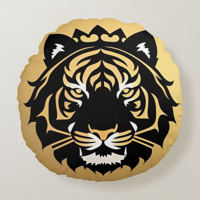 Gouden Tijger Crest Embleem Rond Kussen (Voorkant)