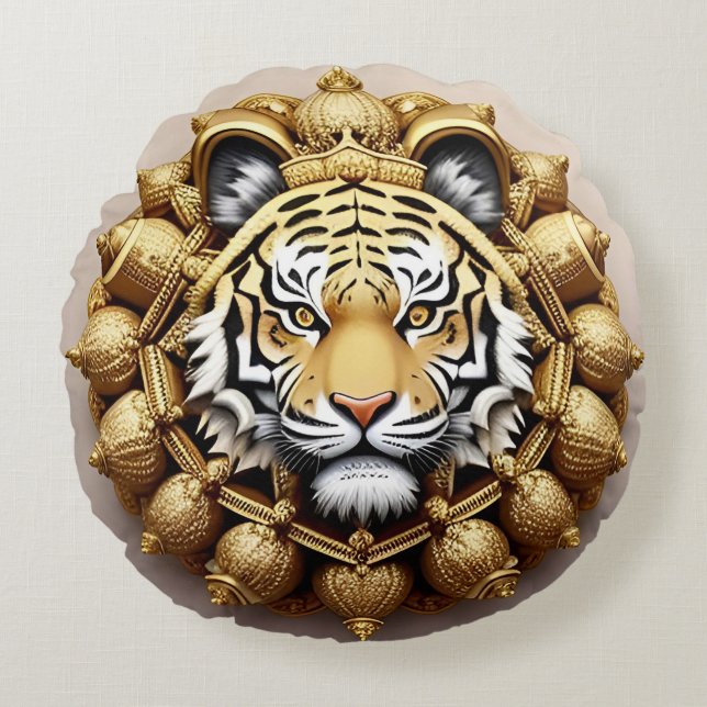 Gouden Tijger Crest Embleem Rond Kussen (Voorkant)