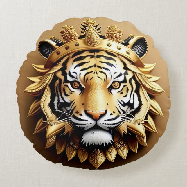 Gouden Tijger Crest Embleem Rond Kussen (Voorkant)