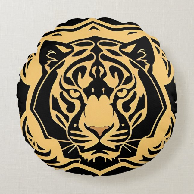 Gouden Tijger Crest Embleem Rond Kussen (Voorkant)