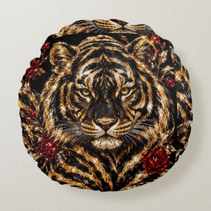 Gouden Tijger & Rode Rozen Bloemschilderkunst Rond Kussen
