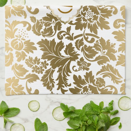 Gouden tinten bloemdamast monogramed theedoek (Gevouwen)