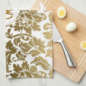 Gouden tinten bloemdamast monogramed theedoek (Quarter Fold)