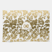 Gouden tinten bloemdamast monogramed theedoek (Horizontaal)
