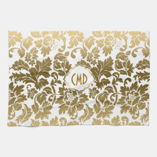 Gouden tinten bloemdamast monogramed theedoek