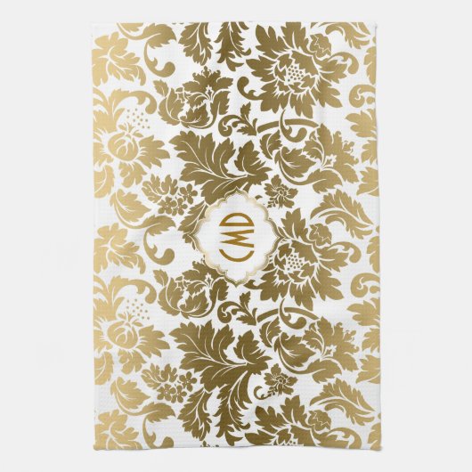 Gouden tinten bloemdamast monogramed theedoek (Verticaal)