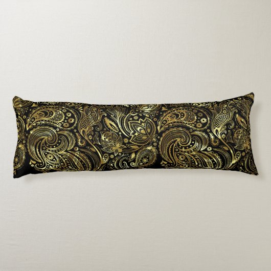 Gouden tinten Bloemen Paisley Kant Zwarte Achtergr Lichaamskussen (Achterkant)