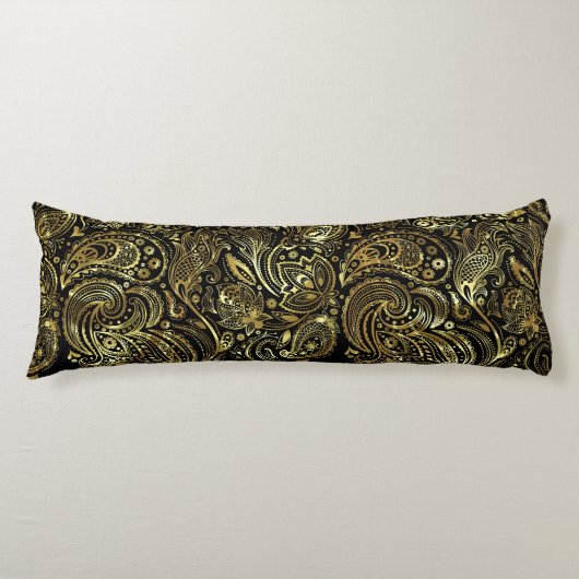 Gouden tinten Bloemen Paisley Kant Zwarte Achtergr Lichaamskussen (Voorkant)