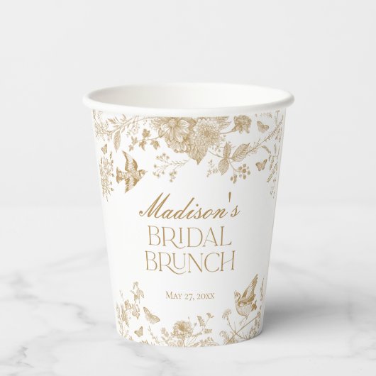 Gouden Toile De Jouy Bloemen Bruids Brunch Papieren Bekers (Achterkant)