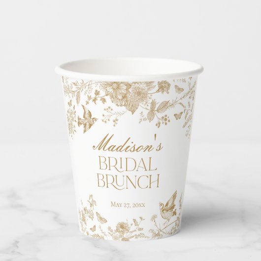 Gouden Toile De Jouy Bloemen Bruids Brunch Papieren Bekers (Voorkant)