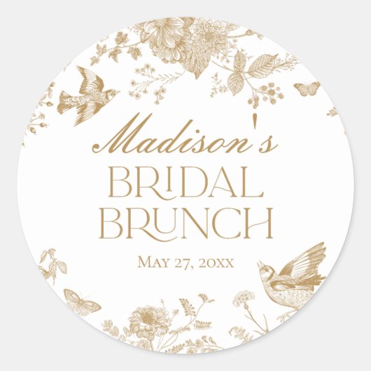 Gouden Toile De Jouy  Bloemen Bruids Brunch Ronde Sticker (Voorkant)