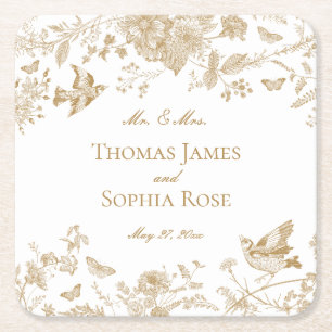 Gouden Toile De Jouy  Bloemen Huwelijk Kartonnen Onderzetters