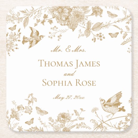 Gouden Toile De Jouy  Bloemen Huwelijk Kartonnen Onderzetters (Voorkant)