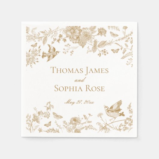 Gouden Toile De Jouy  Bloemen Huwelijk Servet (Voorkant)