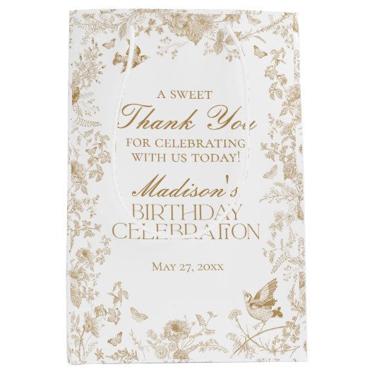Gouden Toile De Jouy Bloemen Verjaardagsfeest Favo Medium Cadeauzakje (Voorkant)